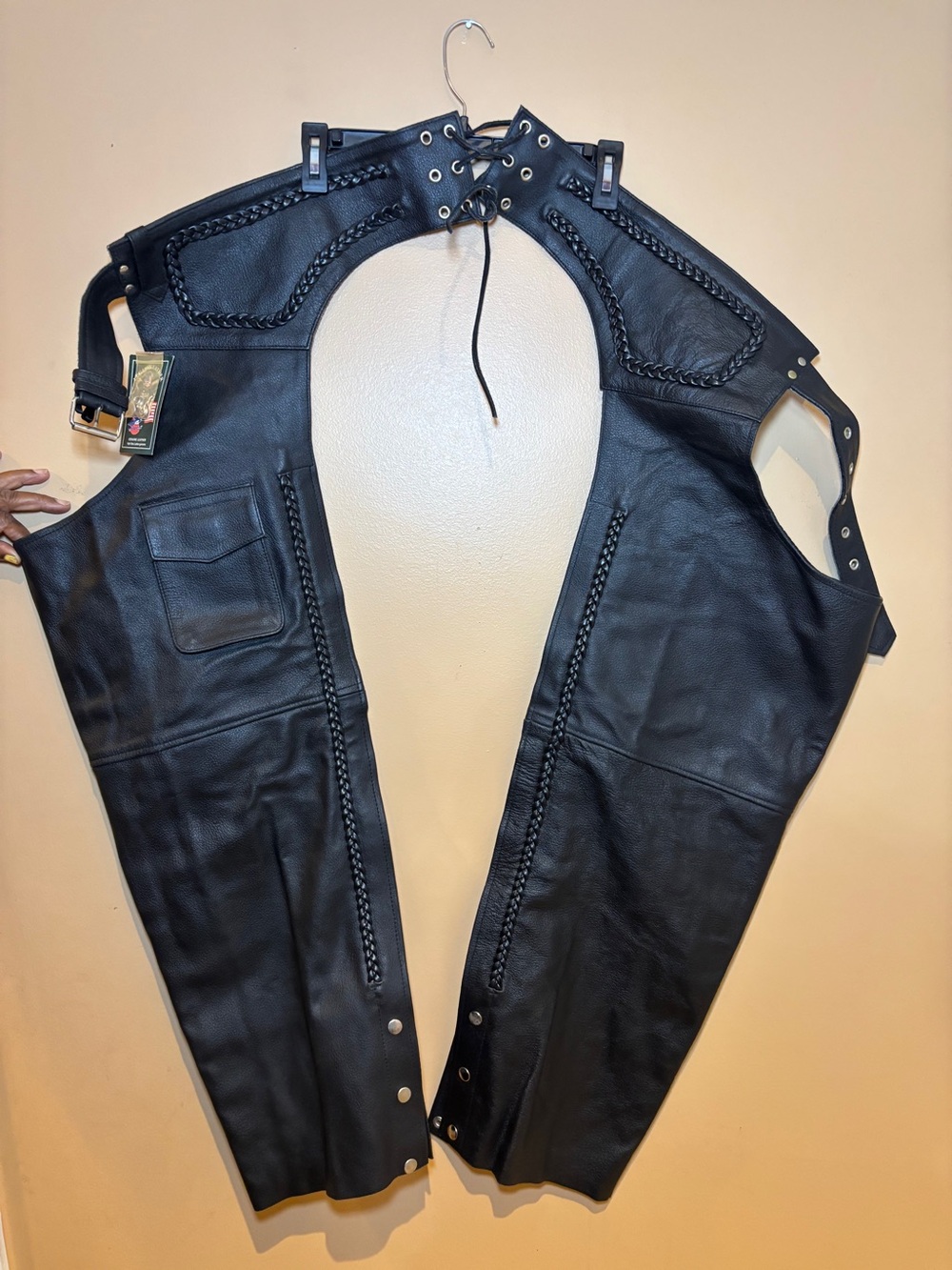 Black Genuine Leather Braided Motorcycle Chaps